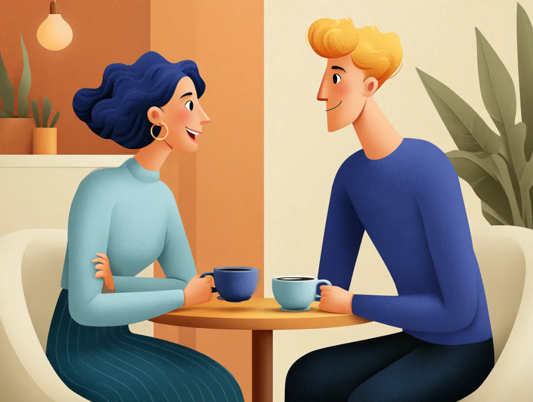 Two figures across a small lamp-lit table with mugs, small symbolic icons floating between them — a dog, a flower, a notebook — the shared context of a relationship that persists.