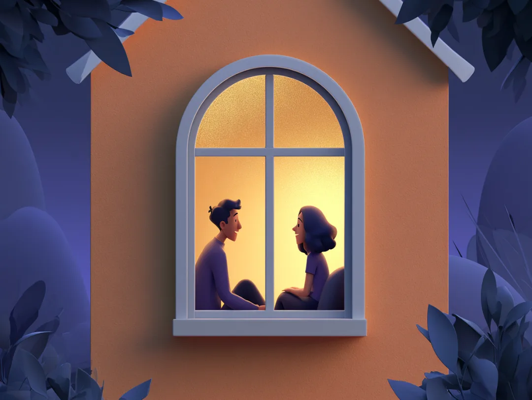 A warm-lit window at night with two figures in conversation visible through gauzy curtains, the surrounding street and foliage rendered cool — the privacy of a conversation kept between two people.